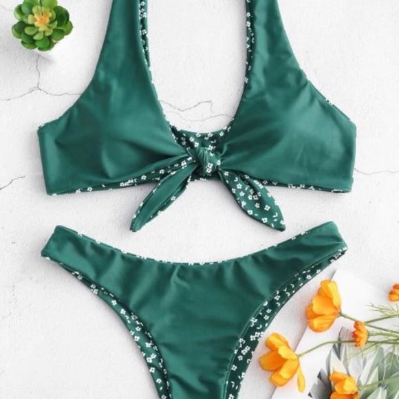 ZAFUL green floral tie knot bikini, NWT, size M - Picture 4 of 9